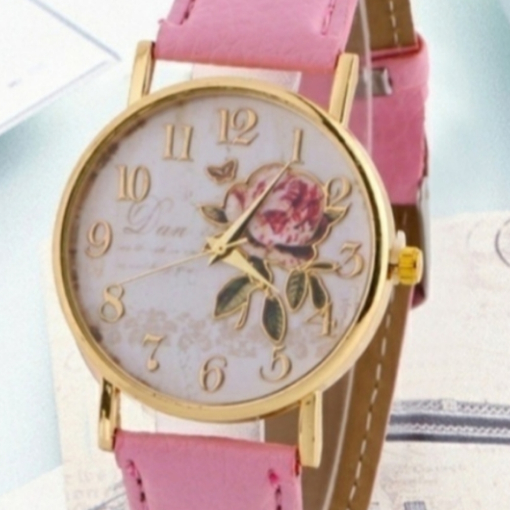Rose Face PU Leather Analog Watch Pink